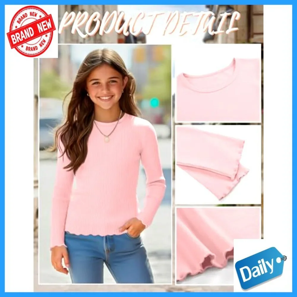 3 Pack Girls Long Sleeve Ribbed Tees Cotton Layering Undershirts Crewneck
